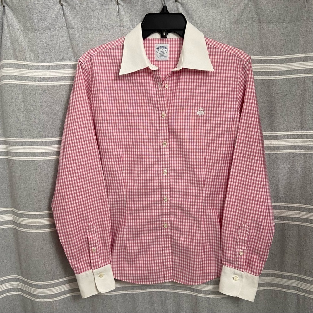 BROOKS BROTHERS / 346 Fitted No Iron Pink Gingham Long Sleeve Button Down Size 8
